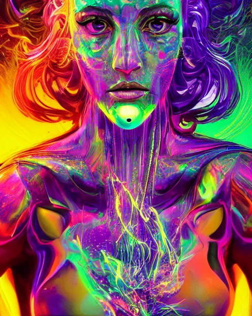 Image similar to a powerful energy psychedelic woman, by alexander fedosav, hyper detailed digital matte painting, concept art, hyperrealism, 1 6 k resolution, cinema 4 d, 8 k resolution, trending on artstation, behance hd, a masterpiece, by stephan martiniere, particles, cel - shaded, power bright neon energy, by david a. hardy,