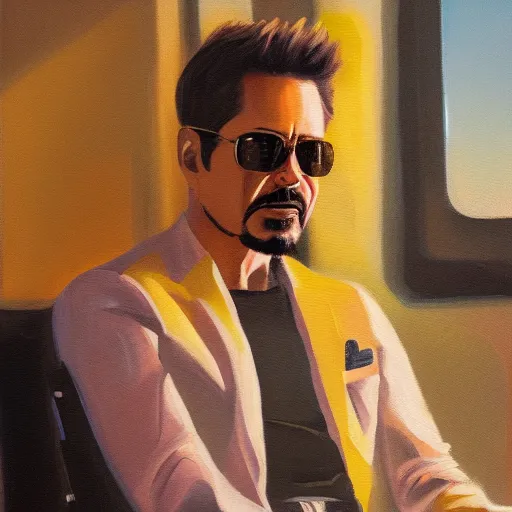 Image similar to detailed oil painting of tony stark sitting in an armchair in a room with the setting sun, by jama jurabaev, golden hour