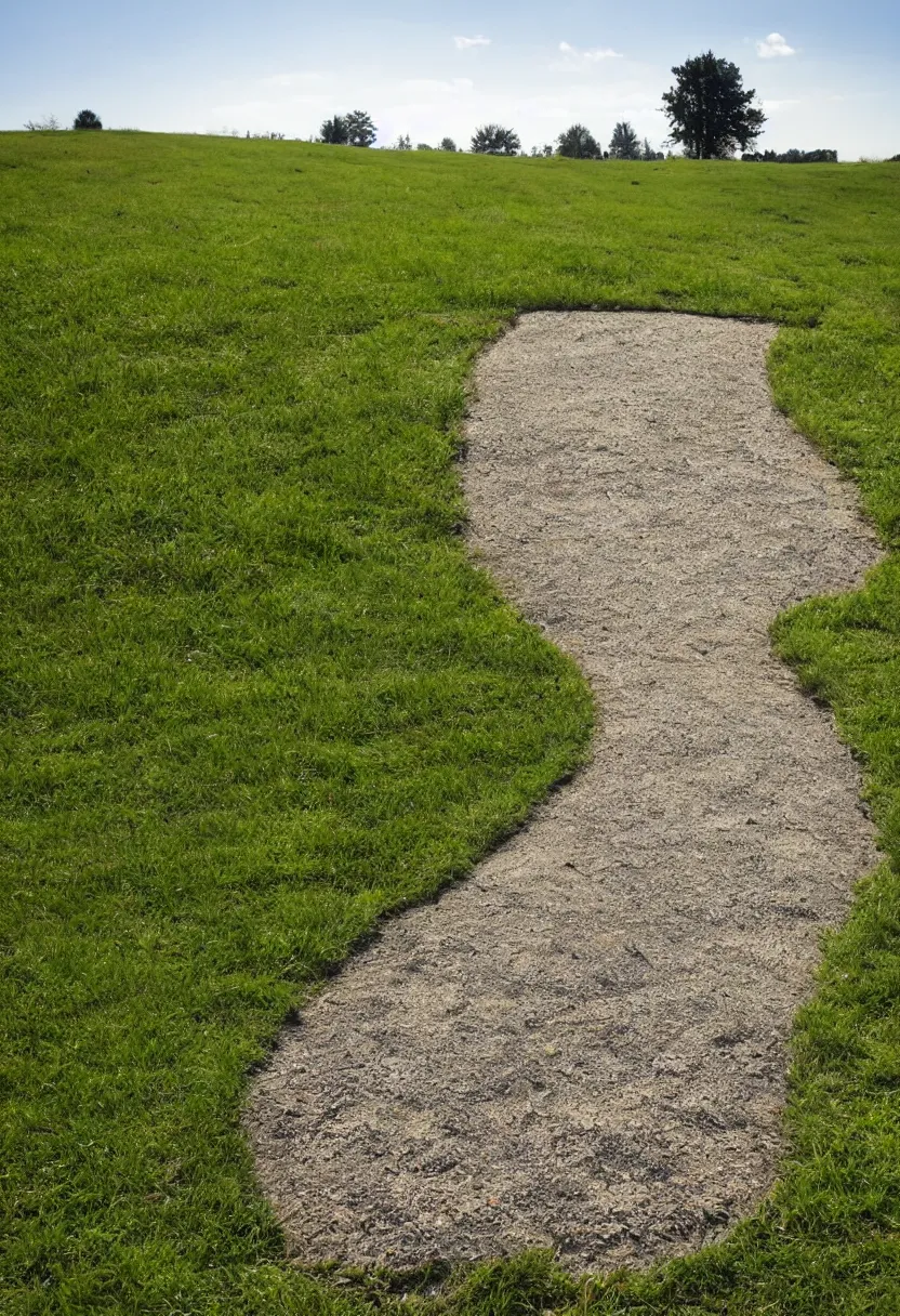 Prompt: a new concrete path ends in the middle of a grassy plain, sunny