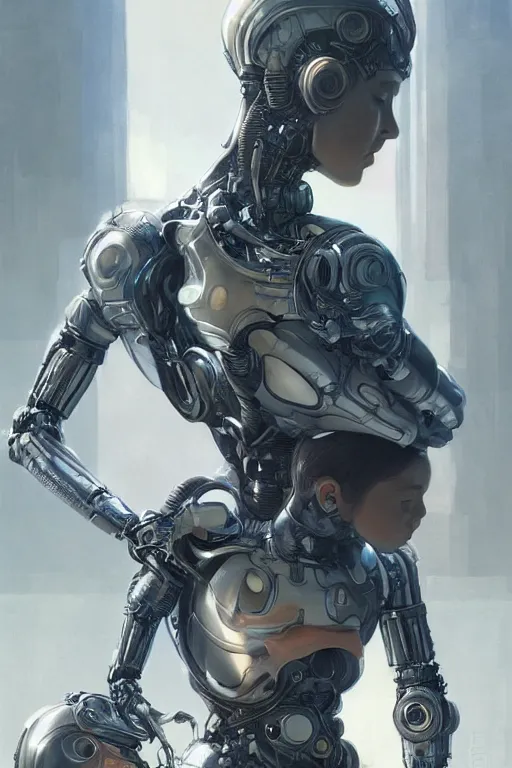 Image similar to Ultra realistic illustration, robot woman carrying a baby (baby with eyes closed), cyberpunk, sci-fi, fantasy, intricate, elegant, highly detailed, digital painting, artstation, concept art, smooth, sharp focus, illustration, art by artgerm and greg rutkowski and alphonse mucha