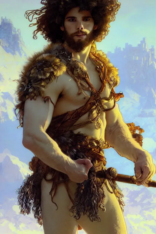 Prompt: portrait of a beautiful young fit male barbarian with curly hairs, wearing a fur armor, luminous scene, by elmore, greg rutkowski and alphonse mucha, d & d character, gradient white to yellow, in front of a ruined temple background, highly detailed portrait, digital painting, artstation, concept art, smooth, sharp focus ilustration, artstation hq