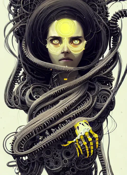 Image similar to highly detailed portrait of a biomechanical long curly white hair tribal lady, stray wiring by atey ghailan, james gilleard, by joe fenton, by greg rutkowski, by greg tocchini, by kaethe butcher, 4 k resolution, gradient yellow, black and white color scheme!!! ( ( dystopian robotic pyramid pouring sandfall background ) )