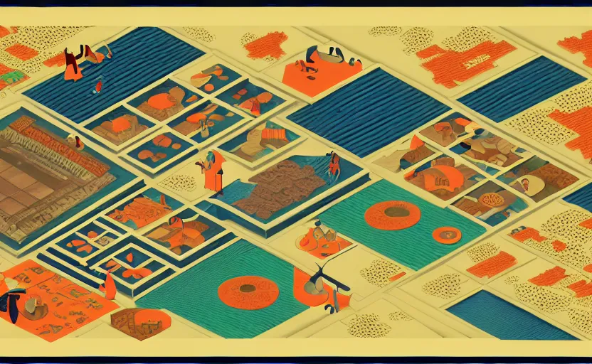 Image similar to 3 d isometric business dashboard with time series charts, pie plots and other modern graphics, with small creatures with many eyes. diego rivera ( in modern ukiyo - e style, mexican muralism ). ravi supa.