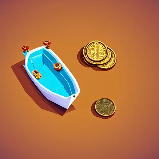 Image similar to boat in the dessert filled with coin and jewl collectables, game concept, low poly, horizontal view