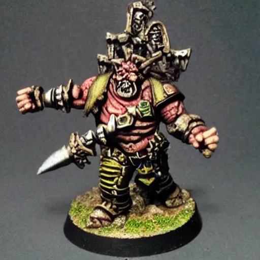 Image similar to chaos dwarf smith in the style of warhammer fantasy : : head and torso oil painting