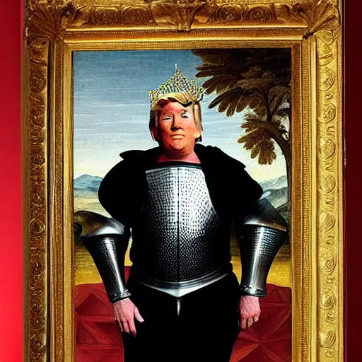 Image similar to full - body - front - shot!!!!!!!!!!!!, donald trump wearing knight'armor, crown, renaissance painting of a knight, detailed face of donald trump