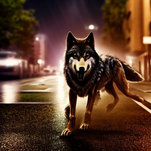 Image similar to an anthropomorphic male wolf running in the streets, night, rain, cinematic, photograph, volumetric lighting, f 8 aperture, cinematic eastman 5 3 8 4 film, photorealistic