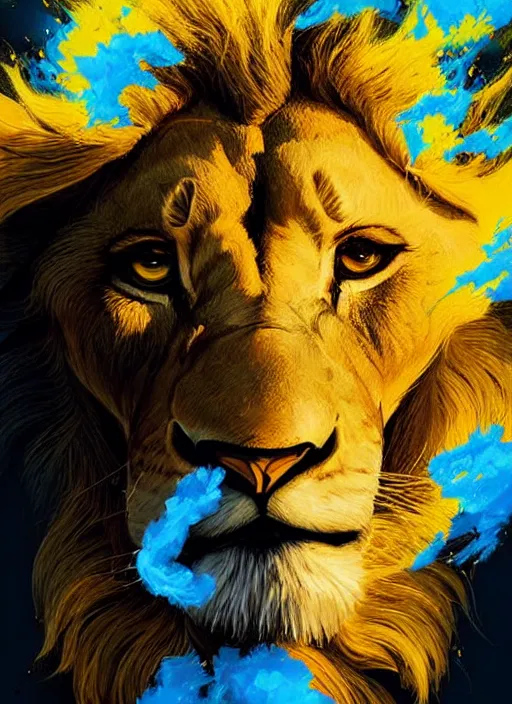 Image similar to a painting of a lion's face with blue and yellow smoke coming out of, a digital painting by petros afshar, behance contest winner, digital art, behance hd, digital illustration, digital painting