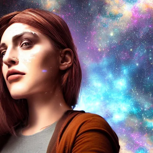 Image similar to woman portrait made out of galaxies, highly detailed, beautiful, realistic, epic comic book art, improbable, octane render