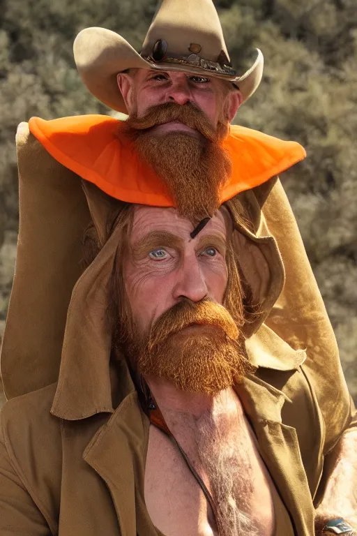 Prompt: hd photograph of cowboy sherrif resembling yosemite sam with huge hat, huge mustache, orange colors