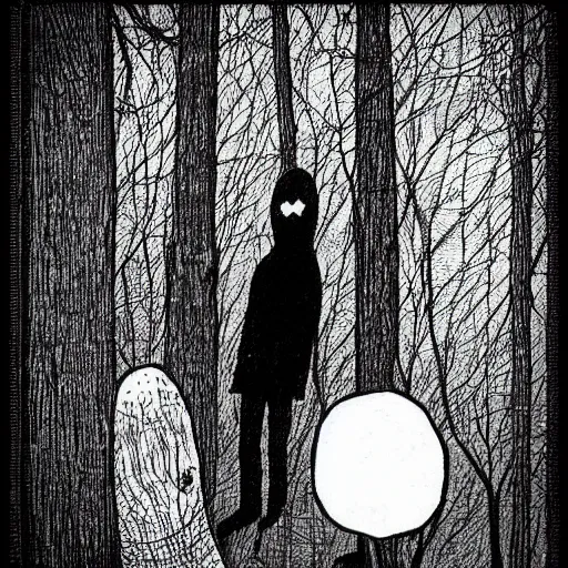 Prompt: “slenderman standing over a girl on a slide, style of Edward Gorey”