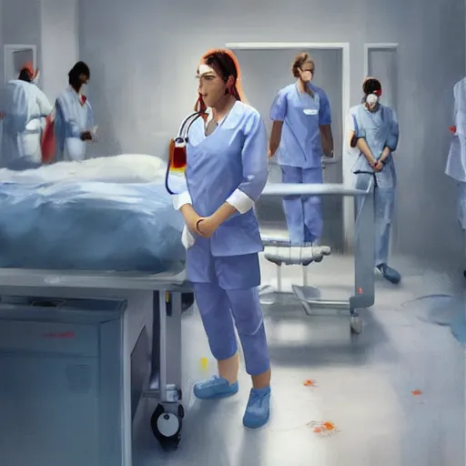 Prompt: a female doctor in scrubs, looking tired, in the middle of lots of sick people in beds, hospital hall, by greg rutkowski, trending on artstation