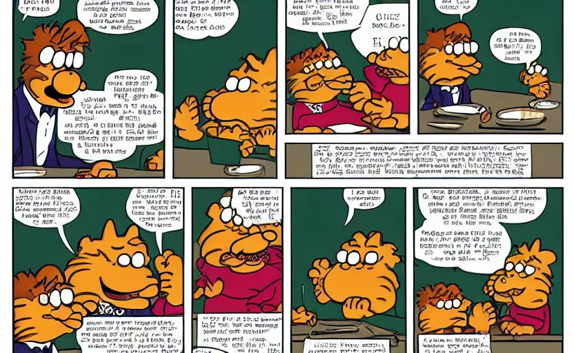 Prompt: a 3 panel Garfield comic. The first panel is Garfield sitting at a table with a speech bubble saying “There’s nothing happening”. The second panel is Jon Arbuckle talking to Garfield at the table with a speech bubble saying “I finally got the wildfire in my sock drawer under control!”. The third panel is Garfield at the table with a speech bubble saying “Out of the ordinary, I mean.”