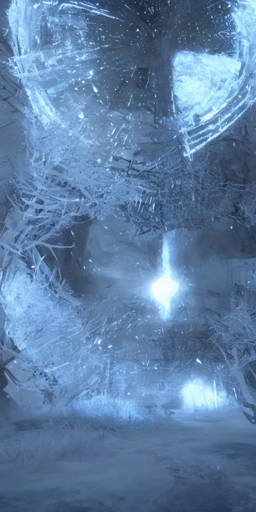 Image similar to interdimensional galaxy portal covered in frost, ice gate, volumetric light, volumetric fog, unreal engine, photorealistic, 8 k