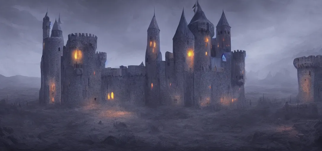 Image similar to A digital concept art painting of a dark blue medieval european ghotic castle in desert, 4K UHD image, unreal engine