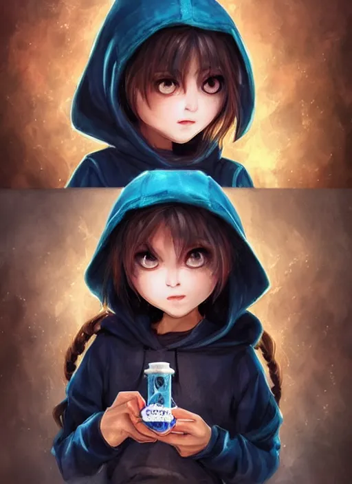 Image similar to A cute twelve years old girl with bob cat length curly dark blue hair with a thoughtful expression wearing a black hoodie with white eyes ornament and grunge jeans, she is in the potions workshop, near the black cauldron, making a potion, blue shiny lighting, beautiful fantasy art by By Artgerm and Hayao Miyazaki, trending on artstation