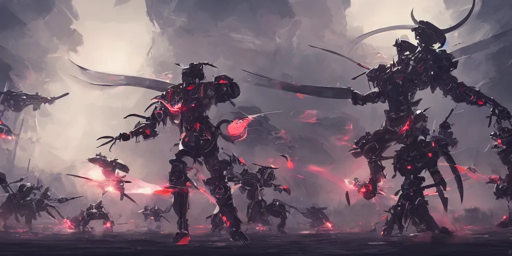 Prompt: futuristic samurai fighting a horde of evil robots, sci-fi, concept art, digital painting, trending on arstation, 8k UHD
