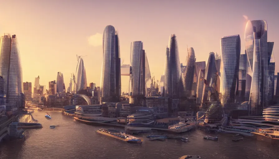 Prompt: london with futuristic glass skyscrapers at sunset, crowded streets, lot of boats, view from river thames, hyperdetailed, artstation, cgsociety, 8 k