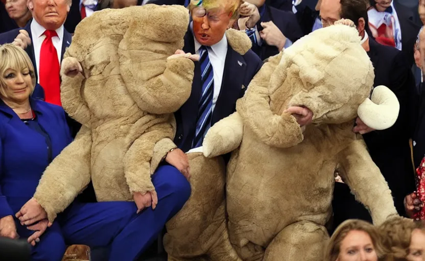 Image similar to Donald Trump in a baby mammoth costume , with an open face