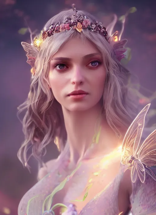 Prompt: beautiful beautiful full body portrait fairy faerie fey fae queen soft highly detailed CGsociety subtle enchanting alluring magical concept art volumetric lighting unreal engine octane render 4k