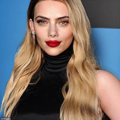 Prompt: a woman who is a genetic combination of kim kardashian and kat dennings and scarlett johansson and margot robbie and emma watson face and upper - body focus