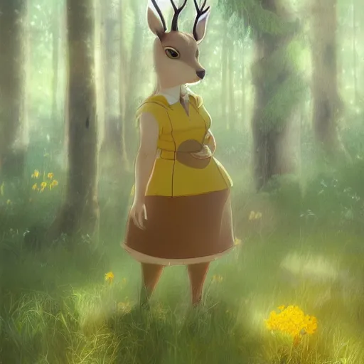 Image similar to concept art painting of an anthropomorphic chubby doe wearing yellow dress, in the deep forest, realistic, detailed, cel shaded, in the style of makoto shinkai and greg rutkowski and james gurney