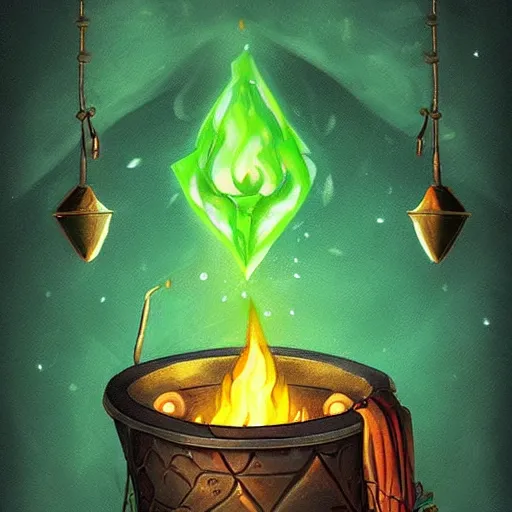 Image similar to a black cauldron filled with a magical green glowing potion hanging above a small campfire, night, fantasy, digital art, mysterious