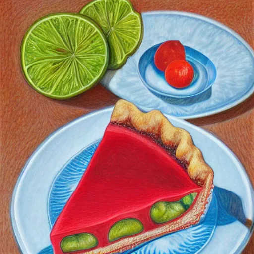 Image similar to Colored pencil art on paper, Gooseberry pie slice on a plate, highly detailed, artstation, MasterPiece, Award-Winning, Caran d'Ache Luminance