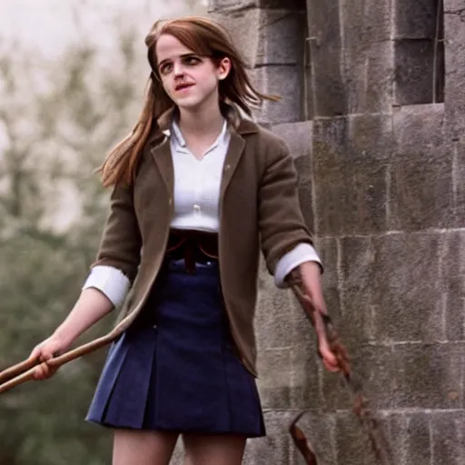 Image similar to emma watson as hermione granger in her school uniform, short miniskirt, holding her broomstick, photo shoot, cute