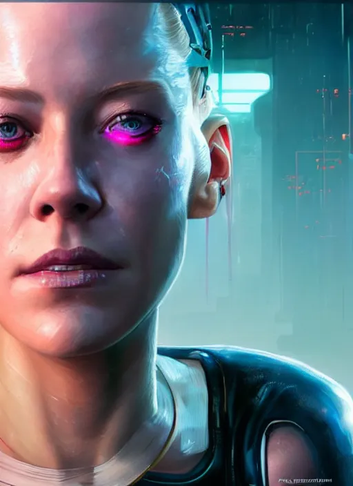 Image similar to portrait of Elizabeth Banks as a drug addicted character in Cyberpunk 2077, looking at camera, intricate, dystopian, sci-fi, extremely detailed, digital painting, artstation, concept art, smooth, sharp focus, illustration, intimidating lighting, incredible art by artgerm and greg rutkowski and alphonse mucha and simon stalenhag