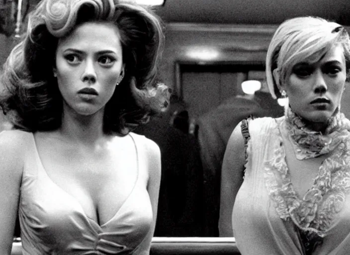 Image similar to movie still of a scarlett johannson with a very big bust in goodfellas, directed by martin scorsese