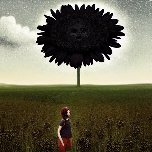 Image similar to giant black daisy flower as a face, girl walking in wheat field, hills, surreal photography, dark night, star trails, dramatic light, impressionist painting, clouds, digital painting, artstation, simon stalenhag