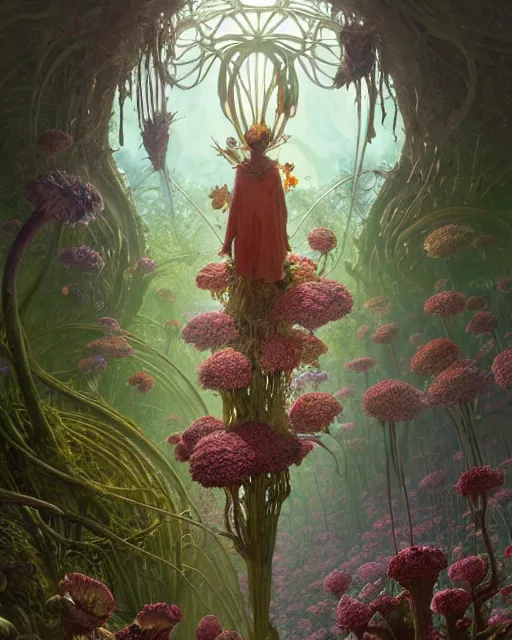 Image similar to the platonic ideal of flowers, rotting, insects and praying of cletus kasady carnage davinci dementor chtulu mandelbulb ponyo alice in wonderland dinotopia watership down, fantasy, ego death, decay, dmt, psilocybin, concept art by greg rutkowski and simon stalenhag and alphonse mucha