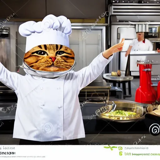 Image similar to anthropomorphic cats chef competing at the Masterchef TV show, studio shot