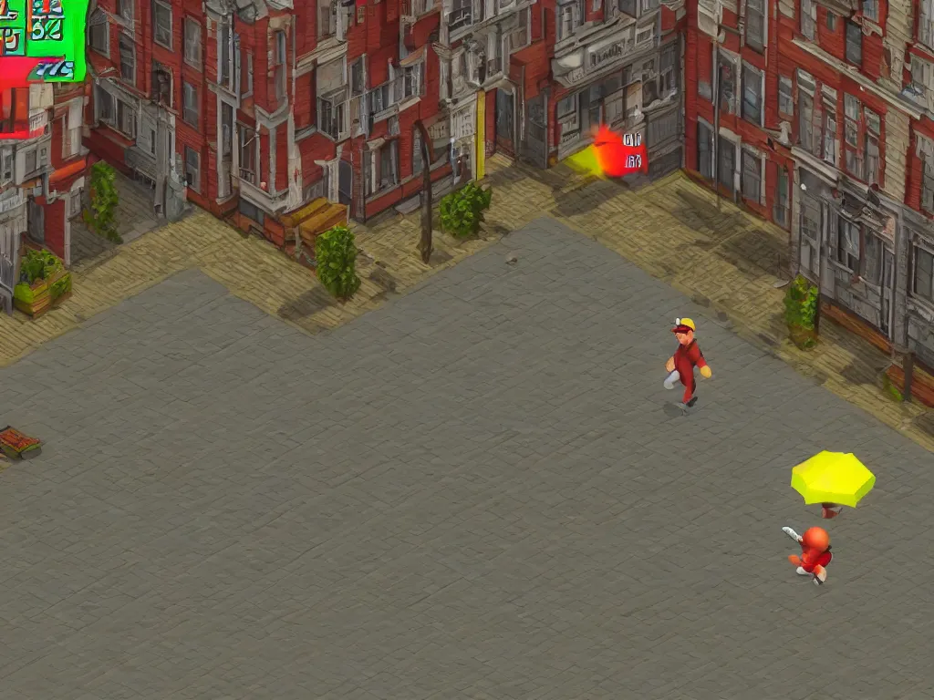 Prompt: Nintendo 64 game screenshot, a man walking in a city