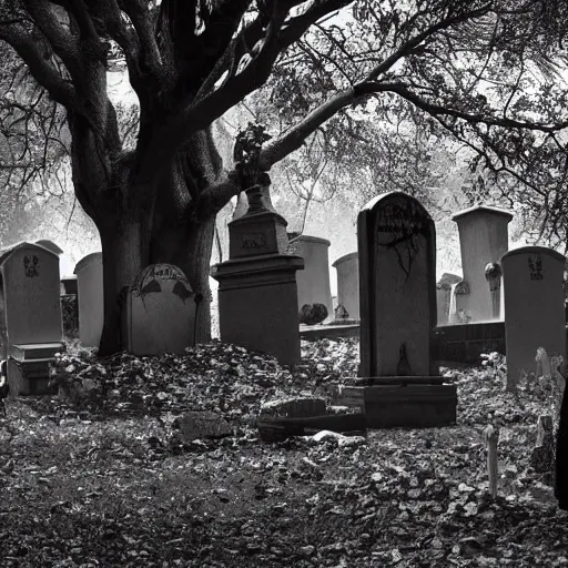 Prompt: movie scene, graveyard tombstones, haunted mansion, real bats, halloween scene, scary, zombie's, high detail, film scene, dark, wind blowing leaves