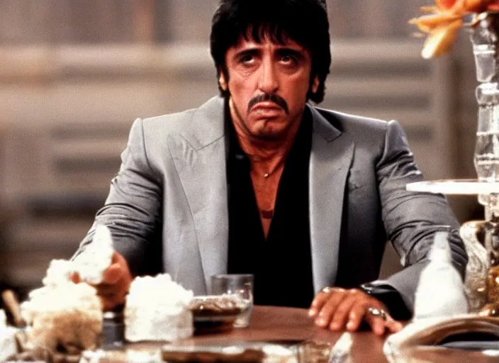 Image similar to tony montana from movie scarface 1 9 8 3 sitting behind a big black oak table with big large packages of flour. long shot. al pacino. perfect symmetric face, coherent eyes, fine details, 4 k, ron cobb. last scene from scarface movie