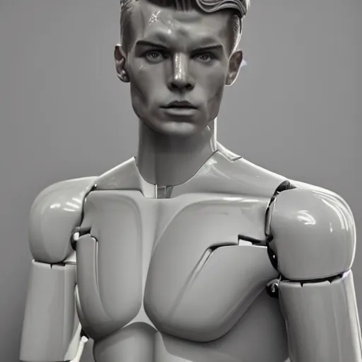 Image similar to made of ice, a realistic detailed photo of a guy who is an attractive humanoid who is half robot and half humanoid, who is a male android, on display, blank stare, showing off his muscles, shiny skin, posing like a statue, by the pool, frozen ice statue, f 1 driver max verstappen, humanoid robot