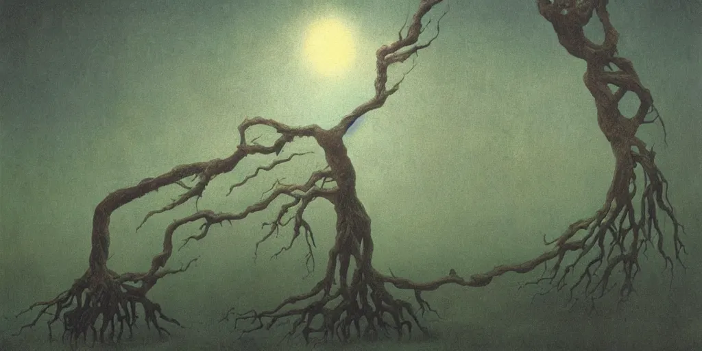 Prompt: Painting in style of Beksinski featuring a dying tree made of human hands reaching for the sunlight