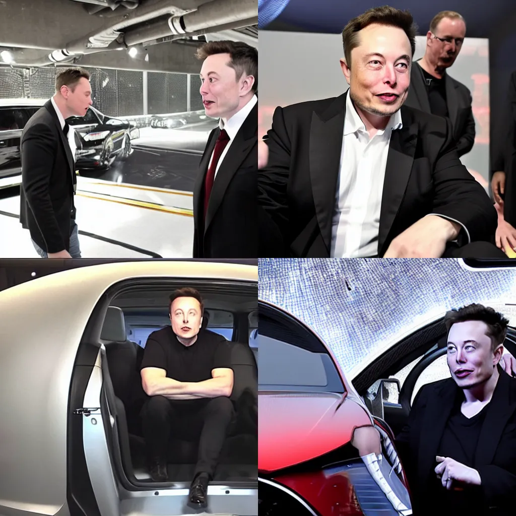 Prompt: elon musk reaches underworld in his space car and meets satan