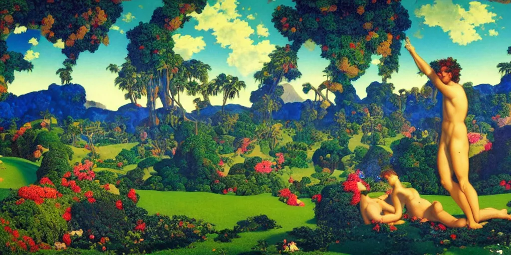 Prompt: a vaporwave landscape of the Garden of Eden by Maxfield Parrish, vaporwave style, digital art 8k