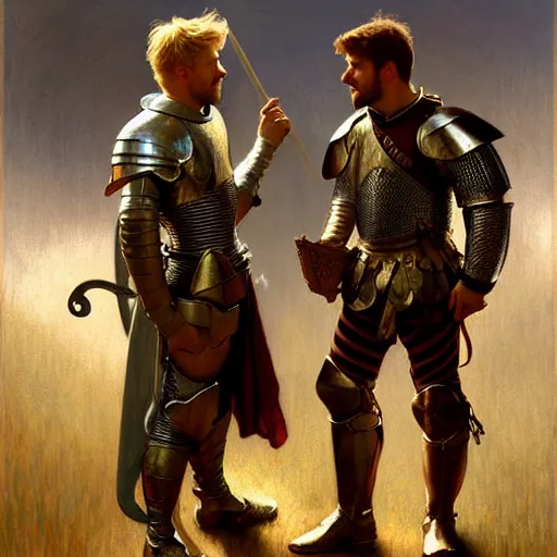 Image similar to attractive arthur pendragon and his attractive male knight, they are in love, natural lighting, path traced, highly detailed, high quality, digital painting, by gaston bussiere, craig mullins, alphonse mucha j. c. leyendecker