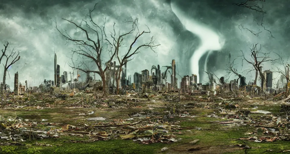 Image similar to backround of long abandoned city with foreground of a tornado 7 foot tall sparsely populated with oak leaves next to a tornado 7 foot tall sparsely populated with recently censored words and ideas