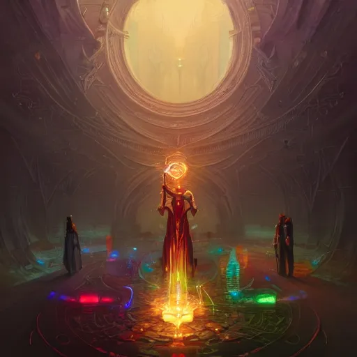 Prompt: the old mage casting, wizard staff, cyberpunk, bionics, augments, lights, cables, elegant gleaming intricate baroque jewellery, colorful, vivid, imposing, epic, digital painting, artstation, concept art, by peter mohrbacher and wlop and rhads,