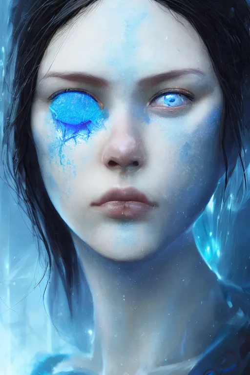 Image similar to A blue eyed women of unknown race by Greg Rutkowski, beeple, Sung Choi, Mitchell Mohrhauser, Maciej Kuciara, Johnson Ting, Maxim Verehin, Peter Konig, final fantasy, macro lens, 35mm, 8k photorealistic, cinematic lighting, HD, high details, dramatic, dark atmosphere, trending on artstation