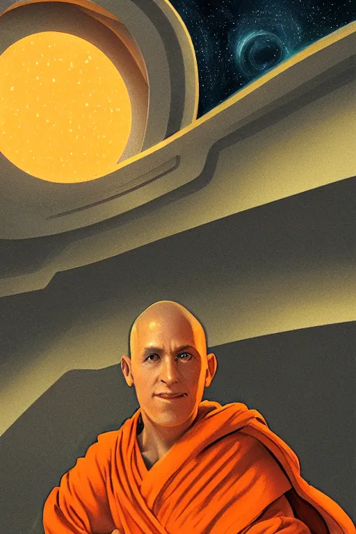 Image similar to portrait of a monk in a spaceship, round window, exploding star, orange robe, dramatic lighting, artstation, matte painting, ralph mcquarrie