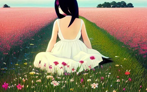 Image similar to little girl with her long black hair dressed in a simple white dress laying down on a flowery field, anime art style, digital art by ilya kuvshinov, inspired by balthus, hd, 4 k, hyper detailed, rear view