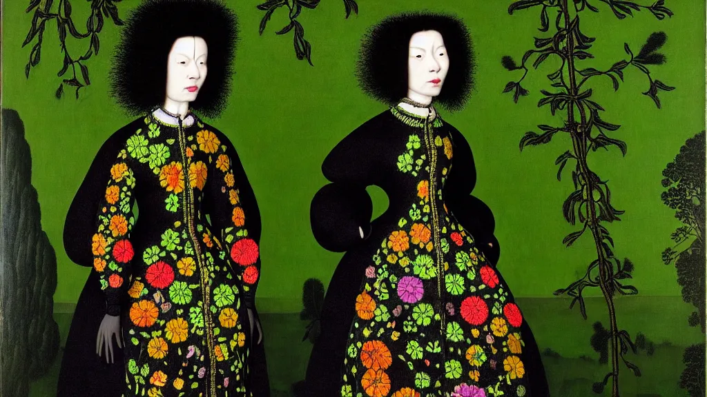 Prompt: portrait of a woman with acid green frizzy hair, wearing a embroidered high collar black dress by balenciaga, standing in a botanical garden, bjork aesthetic, masterpiece, cyberpunk, in the style of rogier van der weyden, masterpiece, asian art