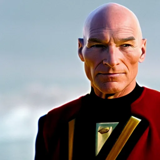 Image similar to captain picard with shoulder length wavy hair, long hair, hair stylist photo