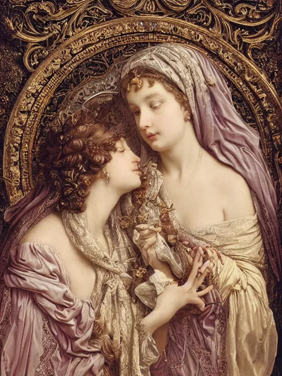 Image similar to a beautiful render of two baroque catholic veiled queen with symmetry intricate detailed heart,relief sculpture,pray,by Lawrence Alma-Tadema, Maria Mirage,peter gric,aaron horkey,Billelis,trending on pinterest,hyperreal,gold,silver,ivory,maximalist,glittering,golden ratio,cinematic lighting